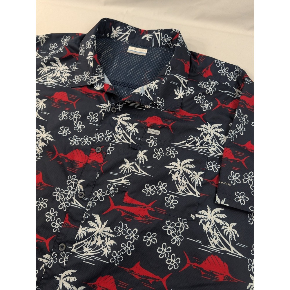 Columbia PFG Shirt Mens 4X Big Hawaiian Marlin Fish Palm Tree Short Sleeve Navy